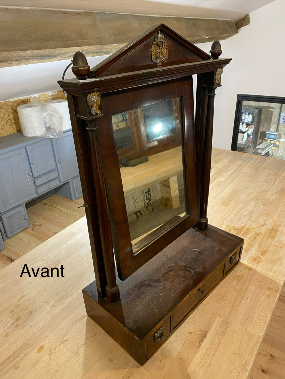 Psyché de Table Époque Empire Acajou - Miroir Pivotant Bronze Doré 1810 Réf 4512