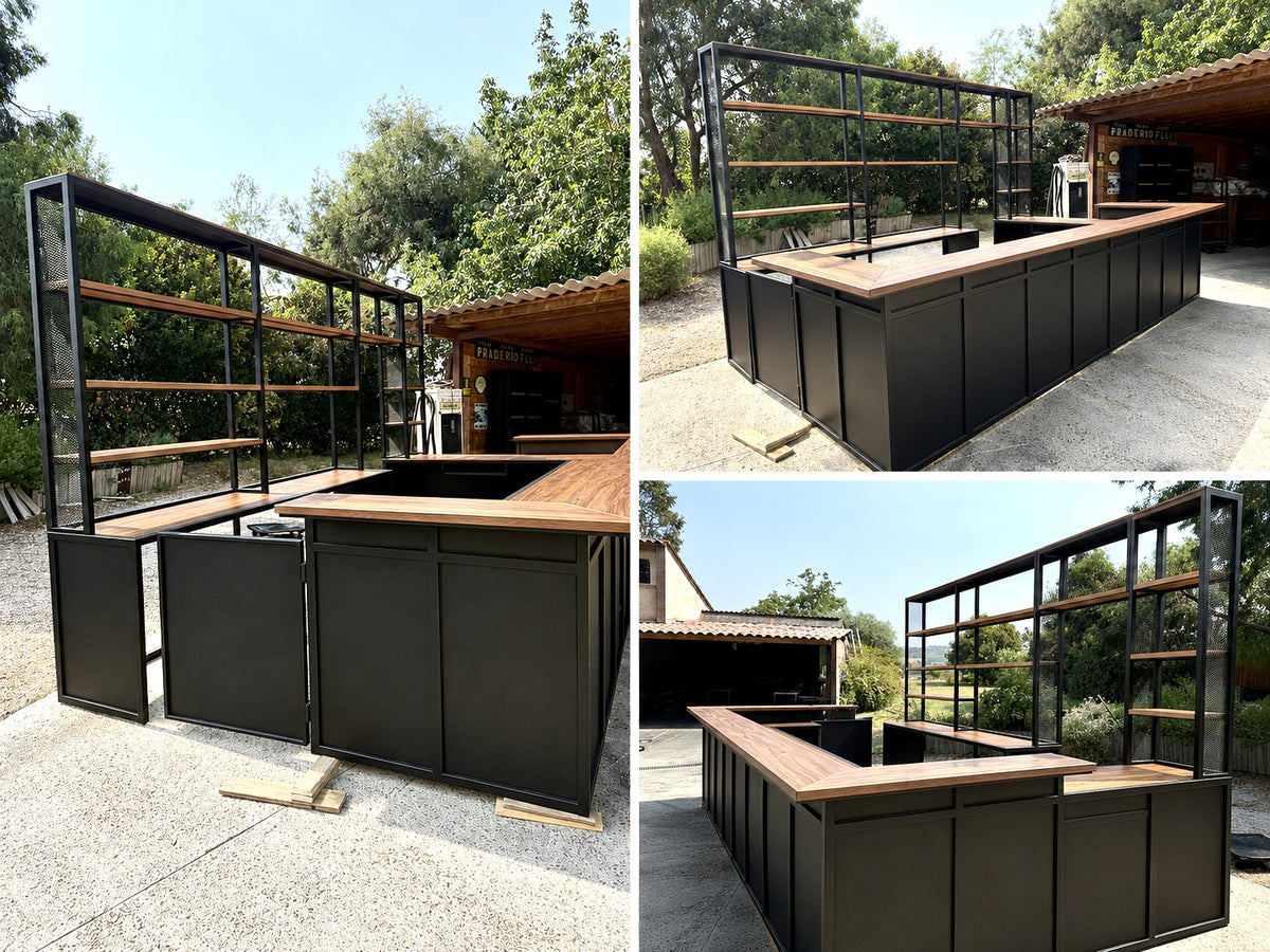 Comptoir et arrière comptoir design industriel Réf 4489 Prix de base 5300€