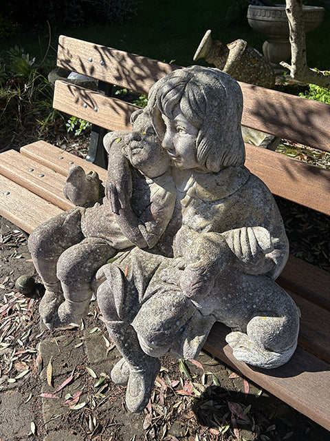  Décoration extérieure vintage pierre reconstituée enfants et chien - patine authentique