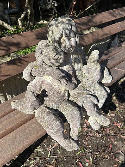 Statue jardin ancienne 2 enfants chien tourterelle en pierre - années 80