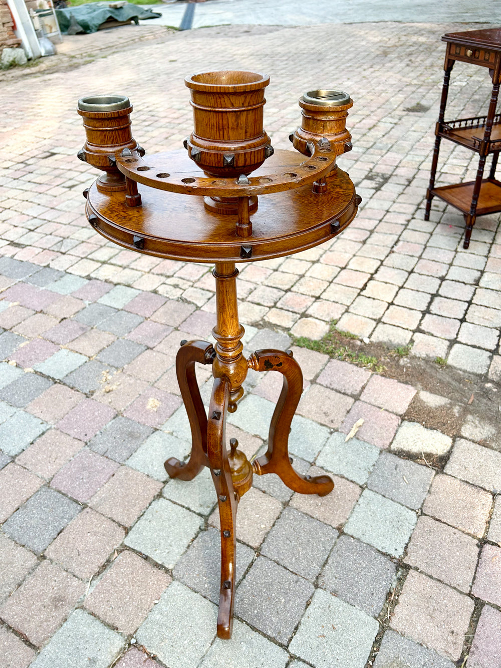 Guéridon de Fumoir Chêne 1900 Support Pipes