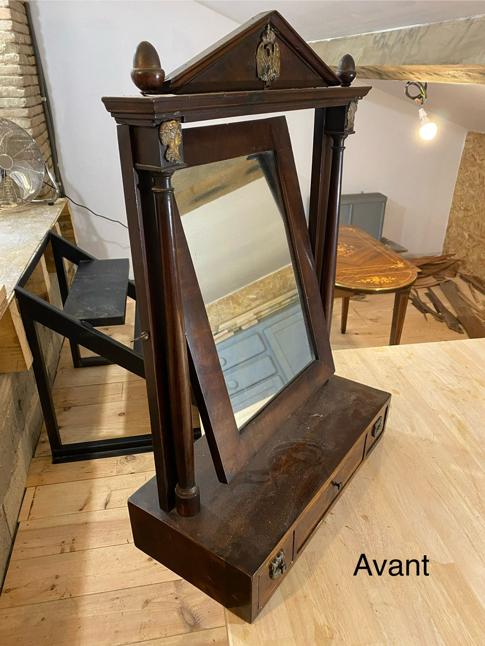 Psyché de Table Époque Empire Acajou - Miroir Pivotant Bronze Doré 1810 Réf 4512