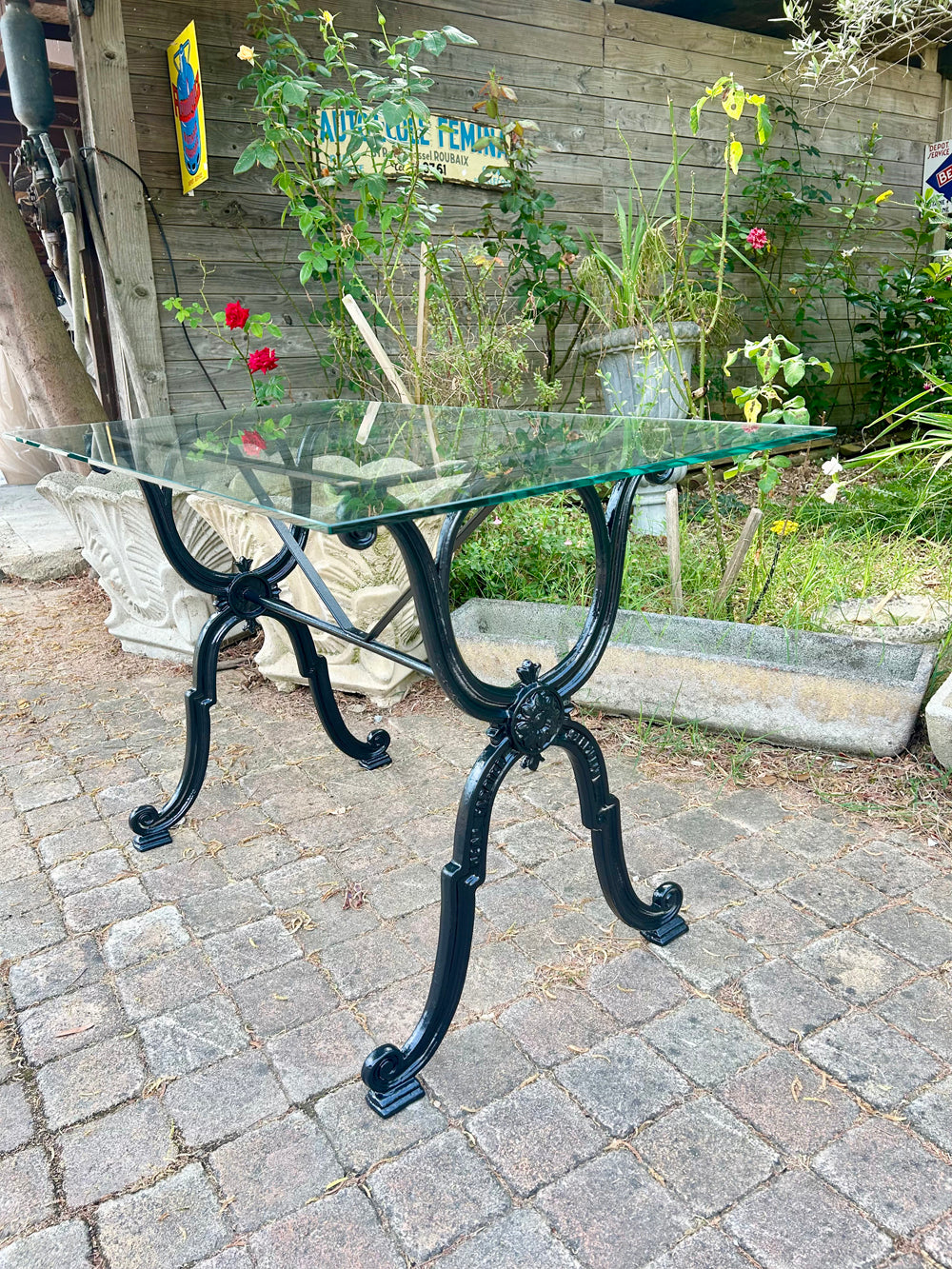 Table Bistrot Piètement Fonte 1950 Plateau Verre Jean Faraill